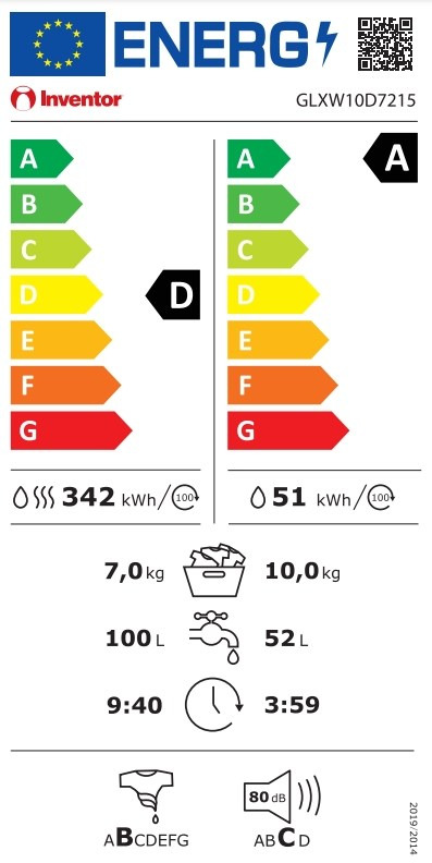 Inventor GLXW10D7215 Πλυντήριο Στεγνωτήριο Ρούχων 10kg / 7kg Ατμού 1500 Στροφές