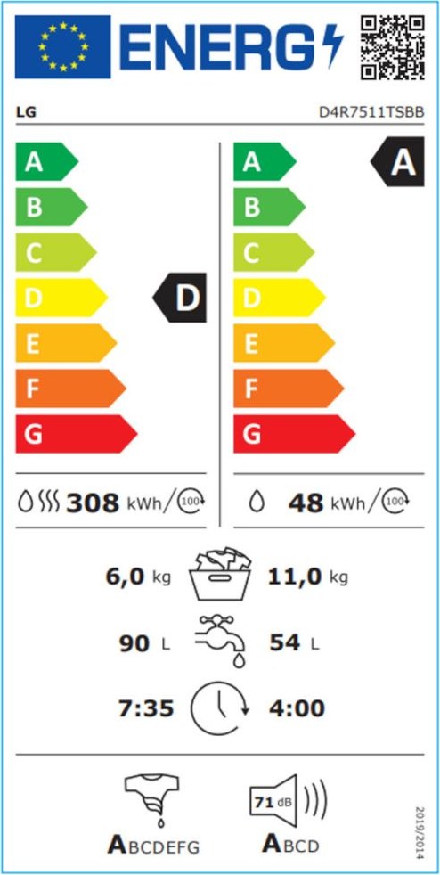 LG D4R7511TSBB Πλυντήριο Στεγνωτήριο Ρούχων 11kg / 6kg Ατμού 1400 Στροφές