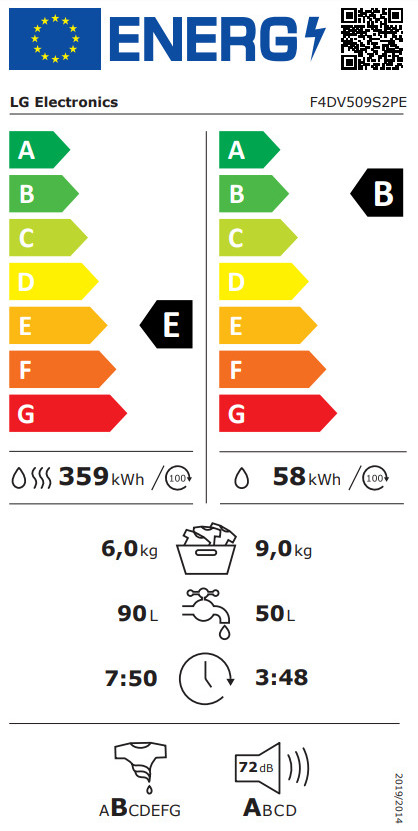 LG F4DV509S2PE Πλυντήριο Στεγνωτήριο Ρούχων 9kg / 6kg Ατμού 1400 Στροφές