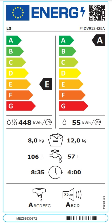 LG F4DV912H2EA Πλυντήριο Στεγνωτήριο Ρούχων 12kg / 8kg Ατμού 1400 Στροφές