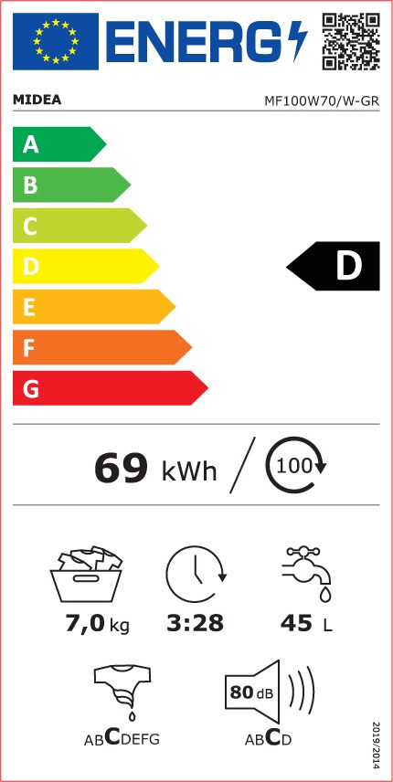 Midea MF100W70/W-GR Πλυντήριο Ρούχων 7kg 1200 Στροφών