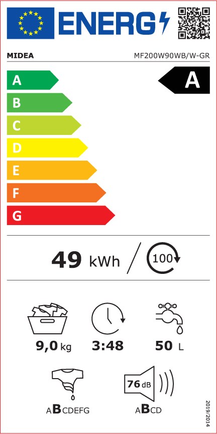 Midea MF200W90WBW-GR Πλυντήριο Ρούχων 9kg 1400 Στροφών