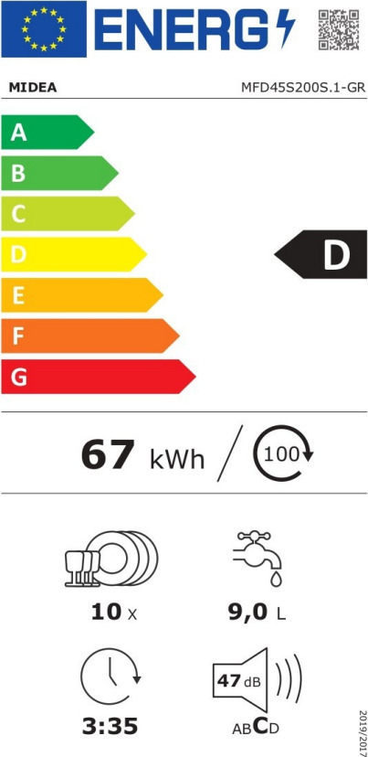 Midea MFD45S200S.1-GR Ελεύθερο Πλυντήριο Πιάτων 44.8cm για 10 Σερβίτσια Inox