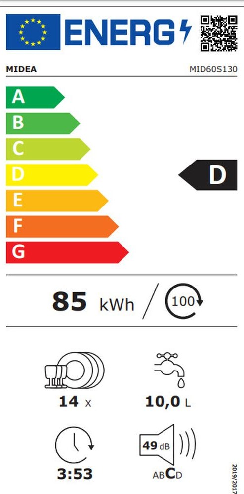 Midea MID60S130 Εντοιχιζόμενο Πλυντήριο Πιάτων 59.8cm για 14 Σερβίτσια Inox