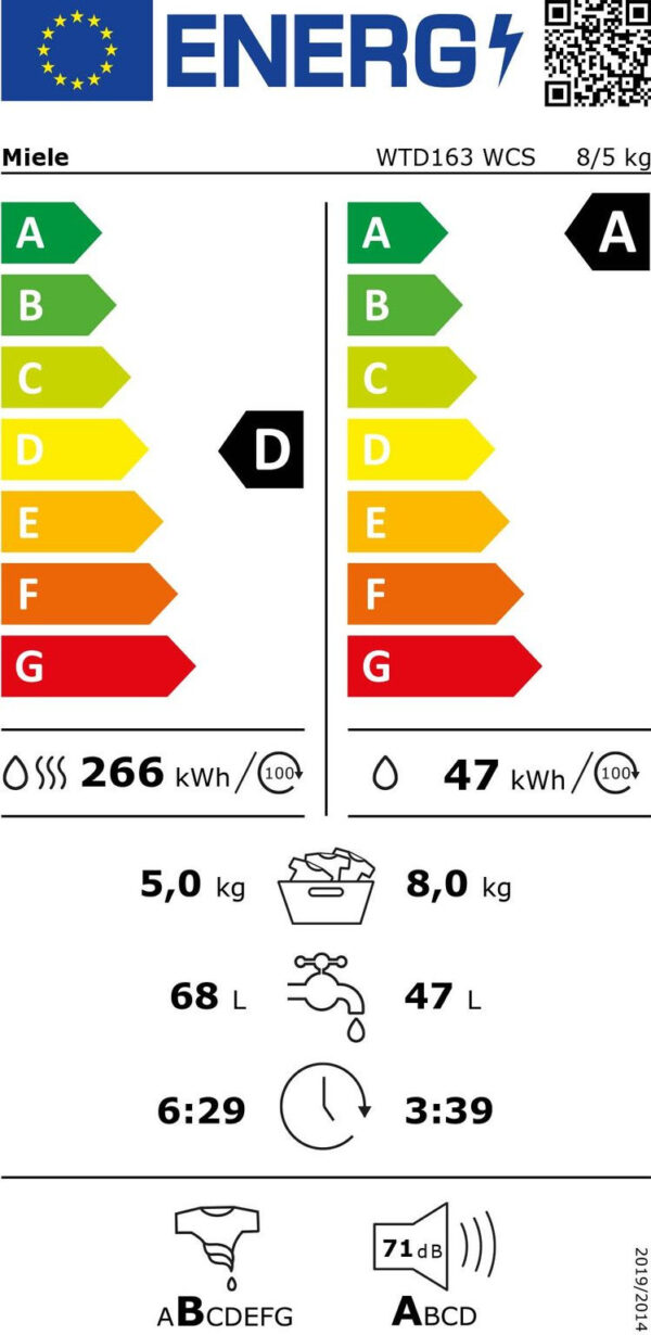 Miele WTD 163 WCS Πλυντήριο Στεγνωτήριο Ρούχων 8kg / 5kg Ατμού 1500 Στροφές