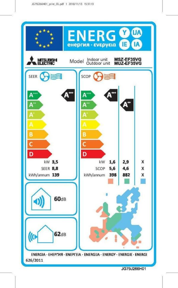 Mitsubishi Electric MSZ/MUZ-EF35VGK-S Κλιματιστικό Inverter 12000 BTU A+++/A+++ με Wi-Fi