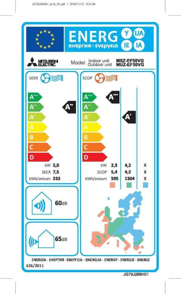 Mitsubishi Electric MSZ/MUZ-EF50VGK-W Κλιματιστικό Inverter 18000 BTU A++/A+++ με Wi-Fi