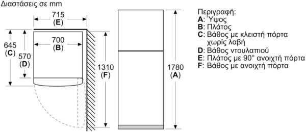 Pitsos PKNT43N1FB Δίπορτο Ψυγείο 328lt Full No Frost Υ175xΠ70xΒ60cm Inox