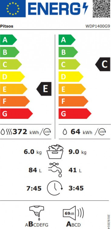 Pitsos WDP1400G9 Πλυντήριο Στεγνωτήριο Ρούχων 9kg / 6kg Ατμού 1400 Στροφές