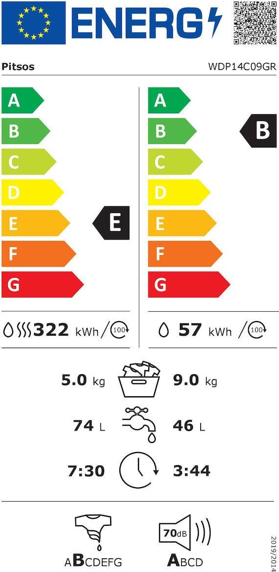 Pitsos WDP14C09GR Πλυντήριο Στεγνωτήριο Ρούχων 9kg / 5kg Ατμού 1400 Στροφές