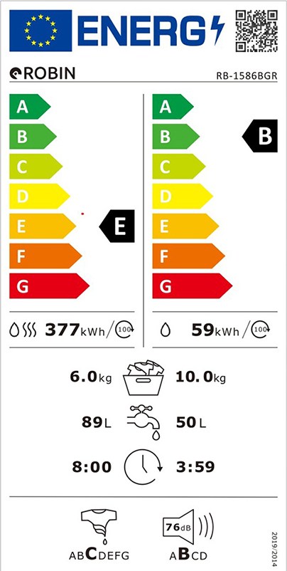 Robin RB-1586 WH Πλυντήριο Στεγνωτήριο Ρούχων 10kg / 6kg Ατμού 1400 Στροφές