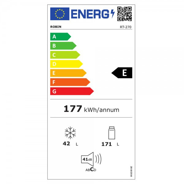 Robin RT-270 Δίπορτο Ψυγείο 213lt Υ144xΠ54xΒ54cm Λευκό