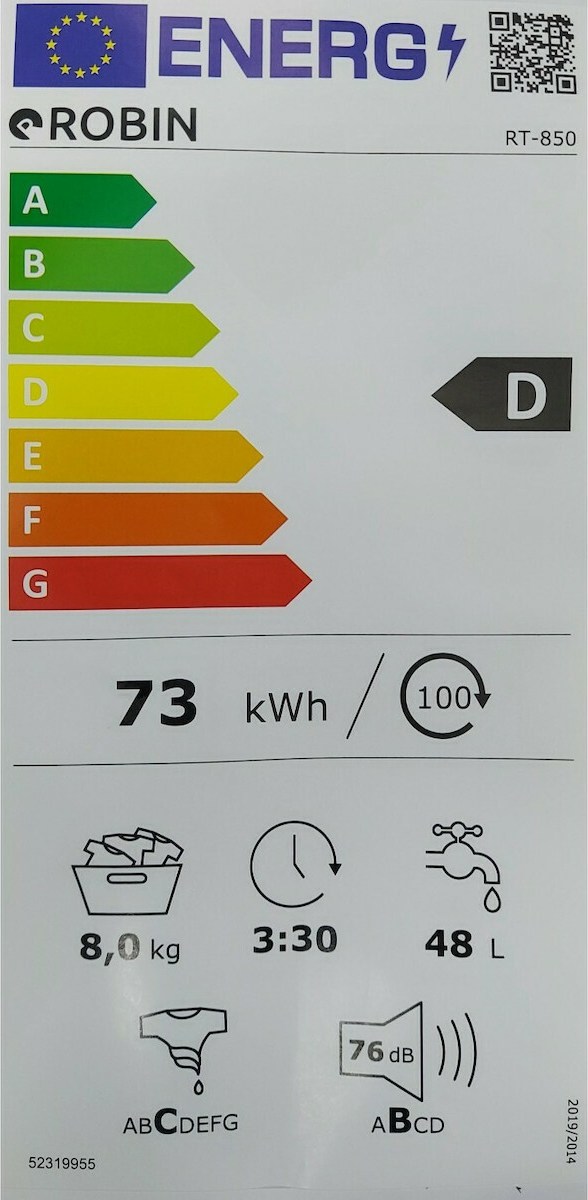 Robin RT-850 Πλυντήριο Ρούχων 8kg 1000 Στροφών