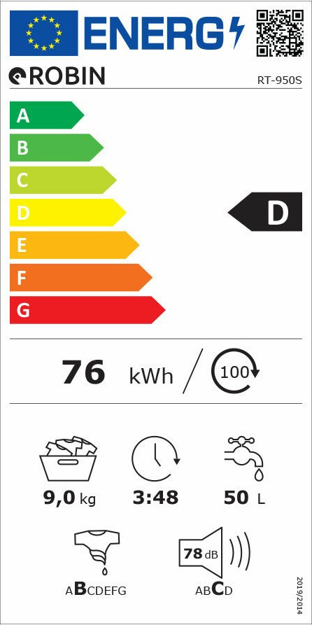 Robin RT-950 Πλυντήριο Ρούχων 9kg 1200 Στροφών