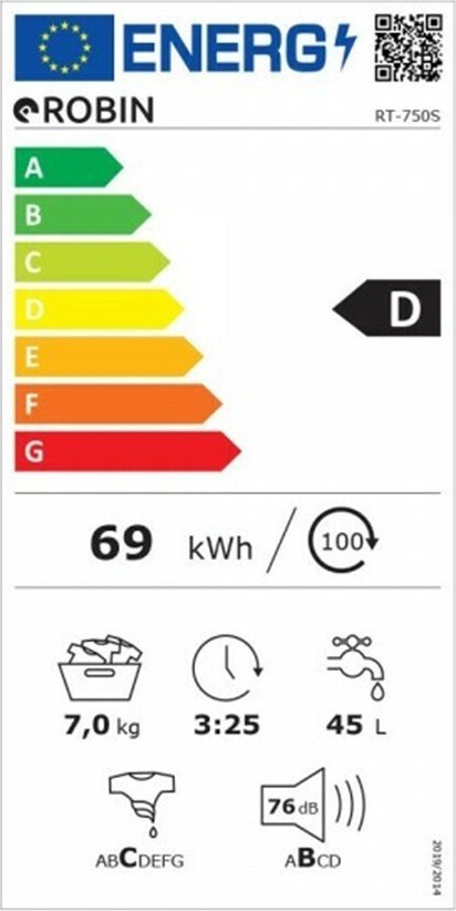 Robin TT-750 Πλυντήριο Ρούχων 7kg 1000 Στροφών