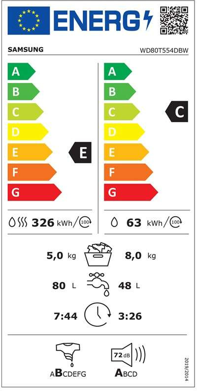 Samsung WD80T554DBW/S6 Πλυντήριο Στεγνωτήριο Ρούχων 8kg / 5kg Ατμού 1400 Στροφές