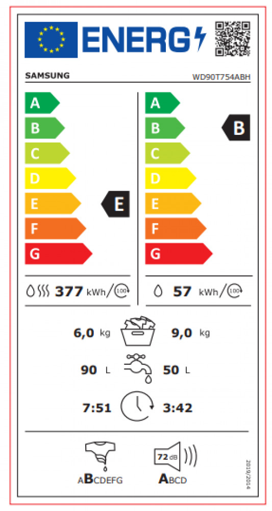 Samsung WD90T754ABH/S6 Πλυντήριο Στεγνωτήριο Ρούχων 9kg / 6kg Ατμού 1400 Στροφές