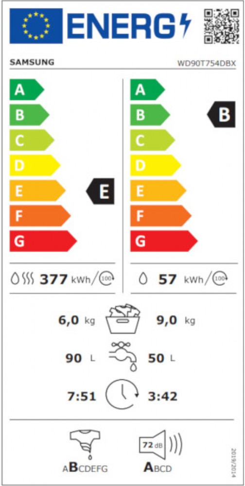 Samsung WD90T754DBX/S7 Πλυντήριο Στεγνωτήριο Ρούχων 9kg / 6kg Ατμού 1400 Στροφές