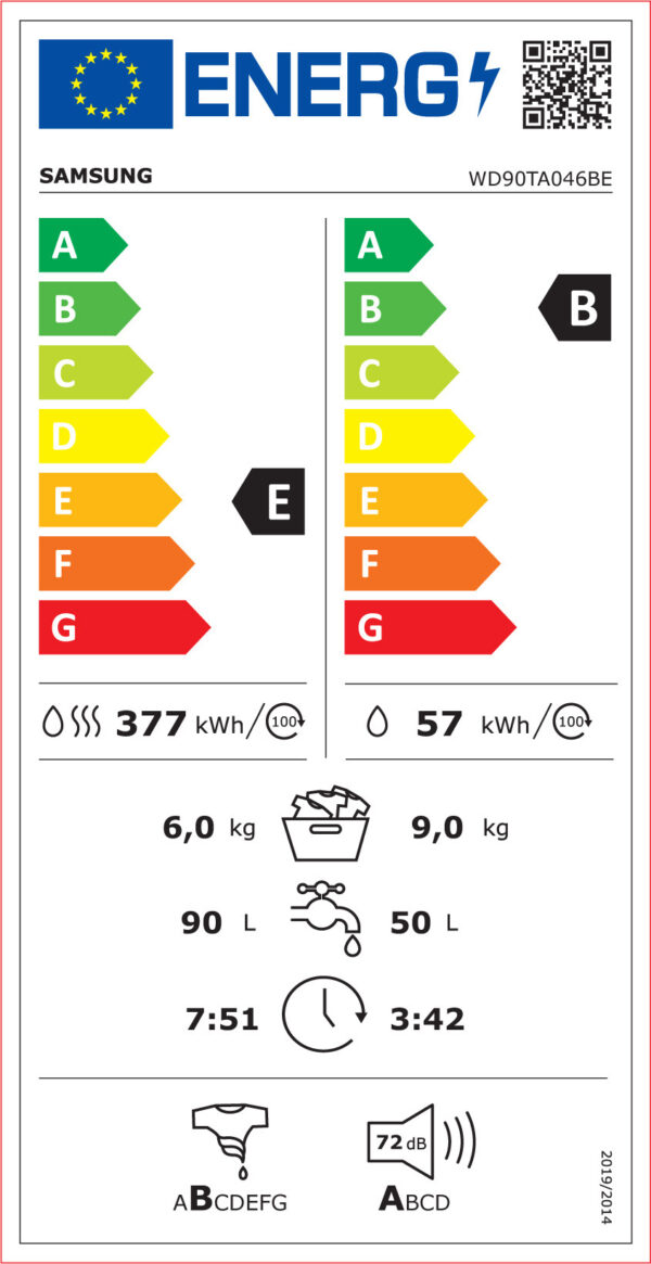 Samsung WD90TA046BE Πλυντήριο Στεγνωτήριο Ρούχων 9kg / 6kg Ατμού 1400 Στροφές