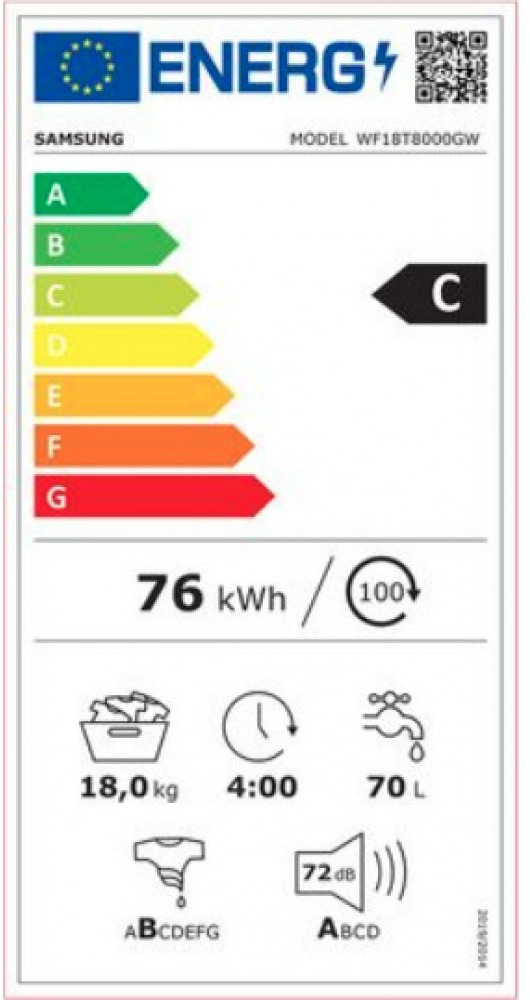 Samsung WF18T8000GW/LV Πλυντήριο Ρούχων 18kg 1100 Στροφών