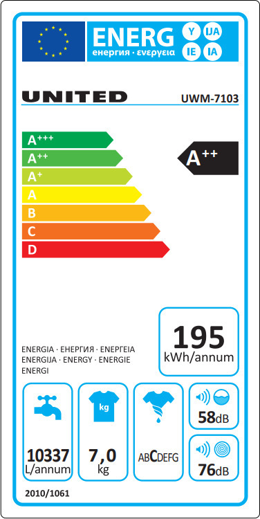 United UWM-7103 Πλυντήριο Ρούχων 7kg 1000 Στροφών