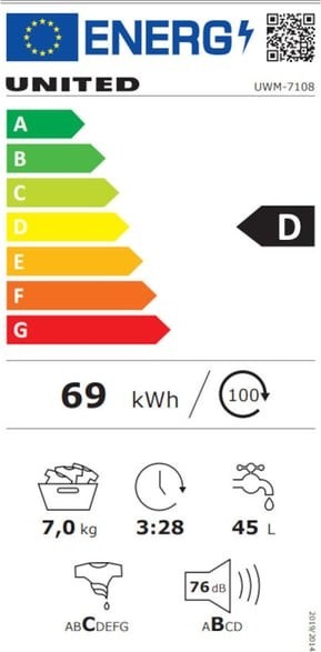 United UWM-7108 Πλυντήριο Ρούχων 7kg 1000 Στροφών