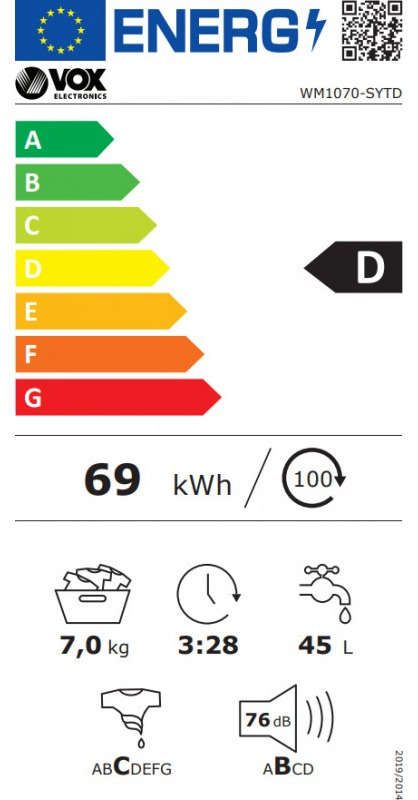 Vox Electronics WM1070SYTD Πλυντήριο Ρούχων 7kg 1000 Στροφών