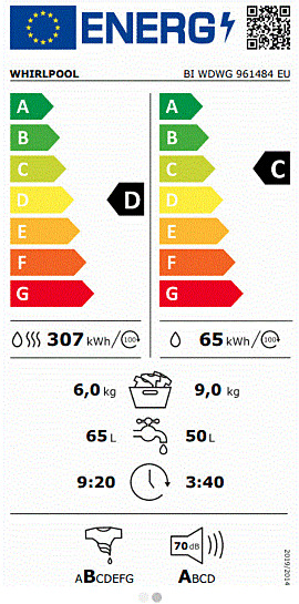 Whirlpool BI WDWG 961484 EU Πλυντήριο Στεγνωτήριο Ρούχων 9kg / 6kg 1400 Στροφές