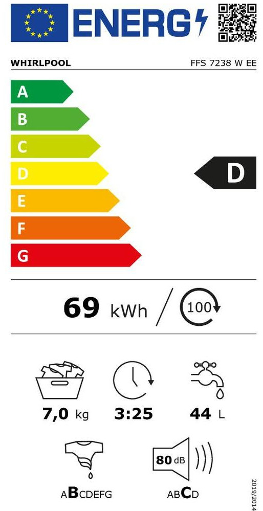 Whirlpool FFS 7238 W EE Πλυντήριο Ρούχων 7kg 1200 Στροφών