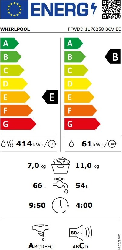 Whirlpool FFWDD 1176258 BCV EE Πλυντήριο Στεγνωτήριο Ρούχων 11kg / 7kg Ατμού 1600 Στροφές