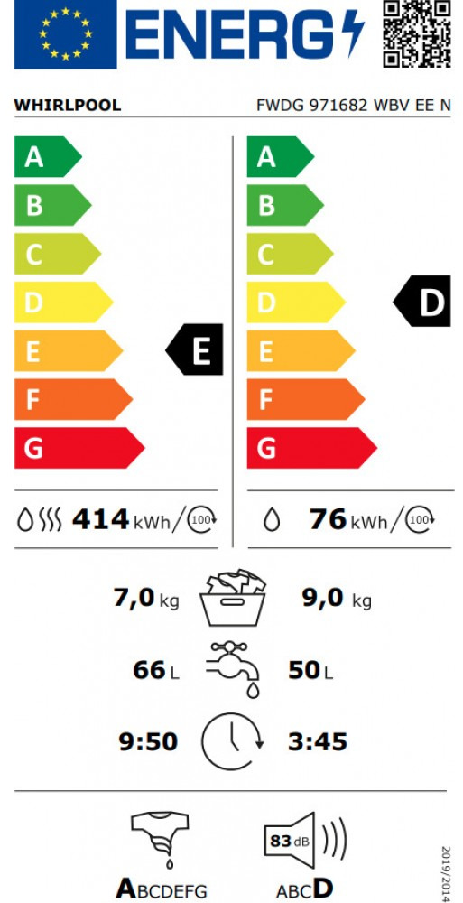 Whirlpool FWDG 971682 WBV EE N Πλυντήριο Στεγνωτήριο Ρούχων 9kg / 7kg Ατμού 1600 Στροφές