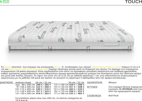 Ecosleep Touch Memory Foam 4cm Μονό 90cm